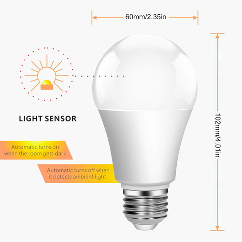 Dusk to Dawn Light Bulbs, Built-in Photocell Light Sensor, Automatic On/Off, E26 Base 9W 60W Equivalent, AC120V 3000K Warm White, Indoor/Outdoor S...