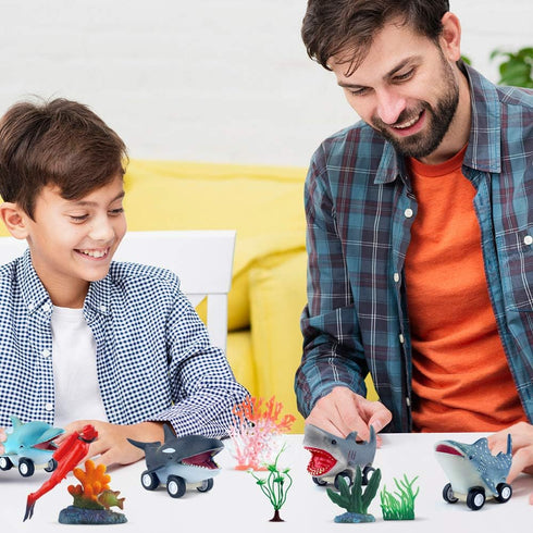DINOBROS Sea Animal Pull Back Toy Cars Playset Ocean Game Set of 12Pcs Great White Shark Dolphin Killer Whale Toys for boys and toddlers 3 Year Ol...