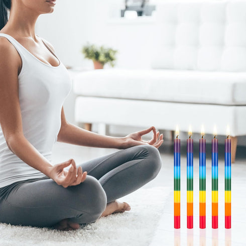 Mega Candles 5 pcs Unscented Multi Color Straight Taper Chakra Candles, Hand Poured Premium Wax Candle 12 Inch x 1 Inch, 100% Cotton Wick, Positiv...