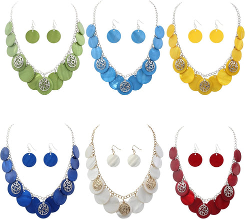 Statement Shell Disc Beaded Necklace Big Chunky 18” Necklace and Earrings Set for Women Holiday...