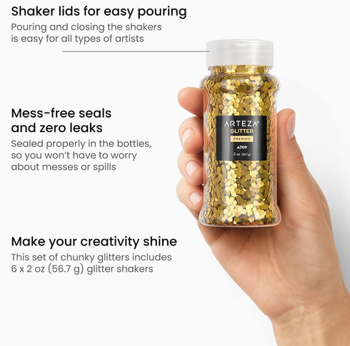Arteza Chunky Glitter Set, 6 x 2-oz Bottles, Jewel-Toned Glitter for Resin, Glue, Acrylic Paint, Arts and Crafts Supplies for Creating DIY Project...