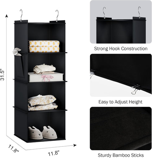Hanging Closet Organizer, 4-Shelf Closet Hanging Storage Shelves, Black...