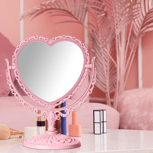 Pink Heart Vanity Mirror 360 Degree Swivel Makeup Mirror Aesthetic Mirror Double Sided Table Desk Countertop Mirror Stand Cosmetic Mirror Dresser ...