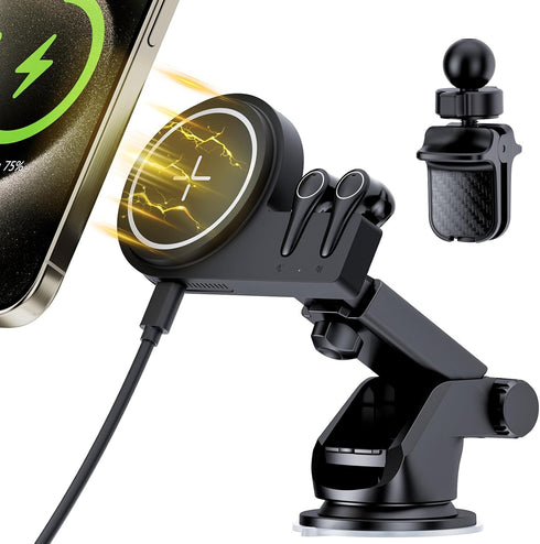for Magsafe Car Mount Charger & Bluetooth Earbud, 15W Magnetic Wireless Car Charger for Dash Air Vent - Hands Free Car Mount Fast Car Charger for ...