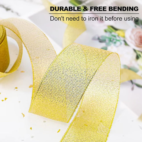 Glitter Metallic Gold Ribbon 1/4 Inch 25 Yards, Sparkly Fabric Ribbon Perfect for Crafts, Sewing, Gift Package Wrapping for Christmas, Easter, Val...