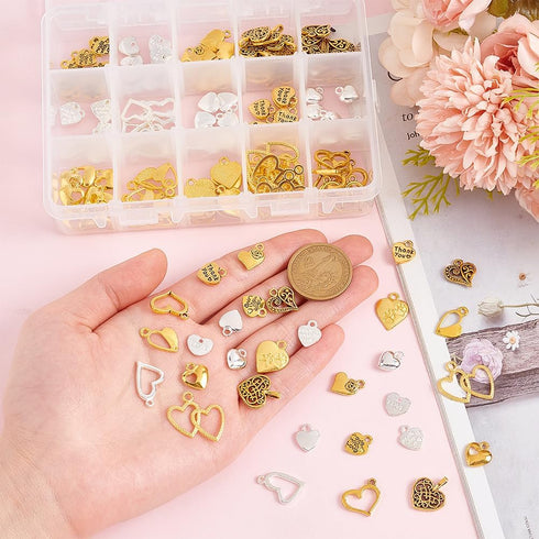 PH PandaHall 150 Pcs 15 Styles Heart Charms, Alloy Heart Pendants Tibetan Style Thank You Charms for Jewelry Earring Bracelet Necklace Pendant Mak...