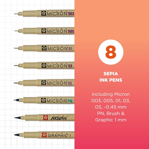 SAKURA Pigma Micron Fineliner Pens - Archival Sepia Ink Pens - Pens for Writing, Drawing, or Journaling - Assorted Point Sizes - 8 Pack...