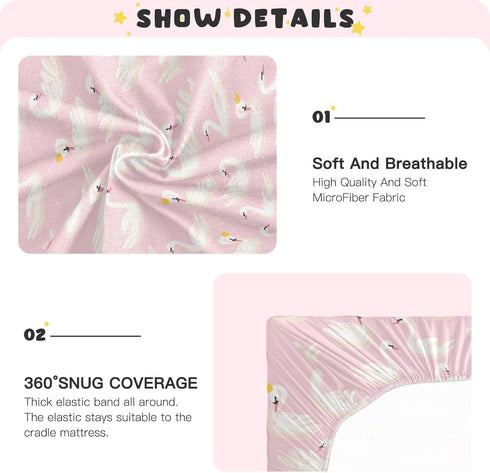 Fitted Crib Sheets Pink Cute Swan Animals Stretchy Portable Playard Sheets for Baby Toddler, Breathable Soft Mini Crib Mattress 39 x 27 in for Boy...