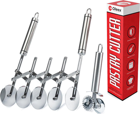 Oleex ‘All-Dough’ Pastry Cutter Set. 5 Wheel Dough Cutter and Dual Fluted Ravioli Cutter Wheel/Pizza Cutter Wheel! Versatile Brownie Cutter, Pasta...