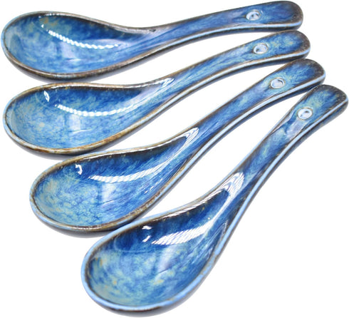 4 Pieces Soup Spoon Set, Asian Soup Spoon, Long Handle Ceramic Soup Spoons, Retro Blue Ramen Bowl Soup Spoon Suitable for Soup, Dumplings, Gravy, ...