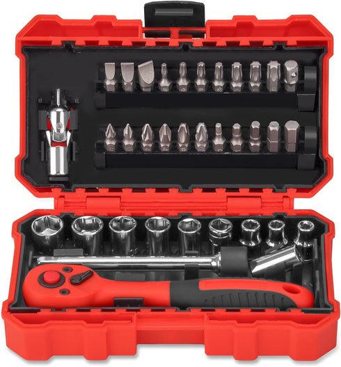35 Pieces 1/4 inch Drive Socket Ratchet Wrench Set, Mini Ratcheting Wrench with Bit Socket Set Metric and Extension Bar for Auto Repairing...