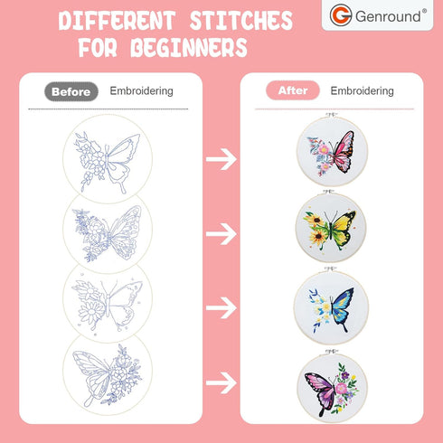 Embroidery Kit for Beginners,Cross Stitch Kits Set,Floral Butterfly Pattern Needlepoint Kits,4 Sets Hand Embroidery Kit for Craft Lover Hand Stitc...