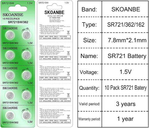 SKOANBE SR721SW 362/361/162 1.5V Button Coin Cell Watch Battery-10 Packs...