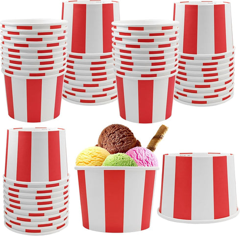 50 Pcs Red White Striped Ice Cream Cups Disposable Paper Snack Bowls 9oz Circus Carnival Paper Dessert Containers For Hot Or Cold Soup Yogurt Chri...