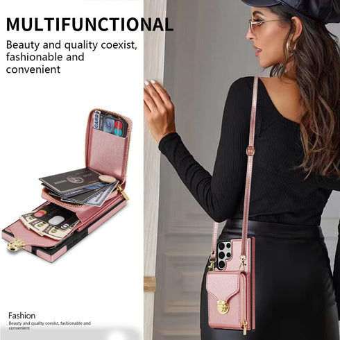 Compatible with Samsung Galaxy S22 Ultra 5G Wallet Case Crossbody Strap Leather Zipper Credit Card Holder Clasp Stand Cell Accessories Phone Cover...
