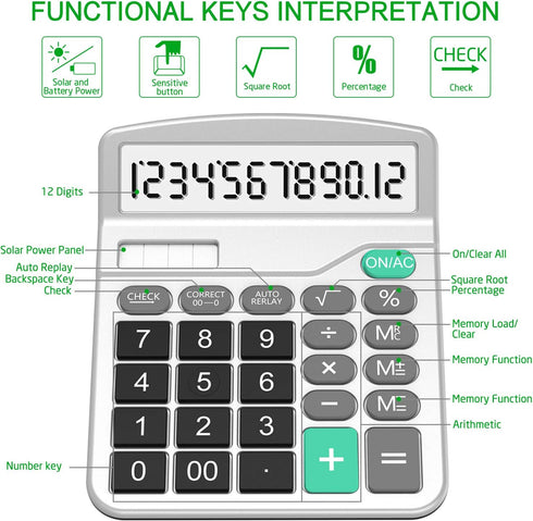 Calculator, Splaks 2 Pack Standard Functional Desktop Calculators Solar and AA Battery Dual Power Electronic Office Calculators with 12-Digit Larg...