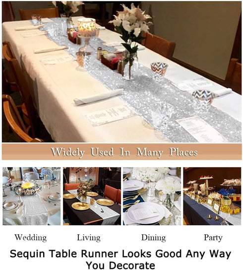 ShinyBeauty 12x48-Inch Silver-Tassel Table Runner, Small Sequined Sparkly Table Runner with Handmade Tassels, Christmas Dinner Table Decor Unique ...