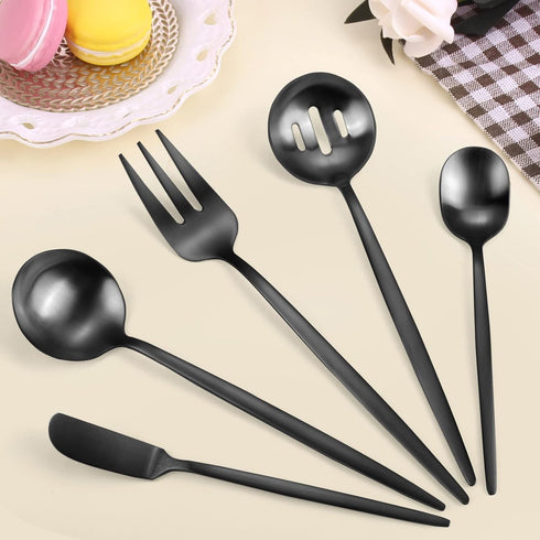 Serving Utensils Set, LAZAHOME Matte Black 5-Piece Hostess Set, Stainless Steel Silverware Flatware Cutlery Serving Set for Dinner Parties Enterta...