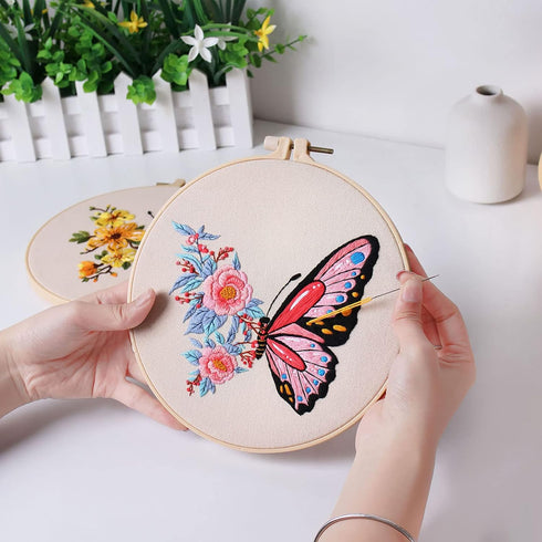 Konrisa Embroidery Starter Kits with Butterfly Flower Pattern, Stamped Cross Stitch Kits for Beginners Adults DIY Sewing Include Embroidery Hoop E...