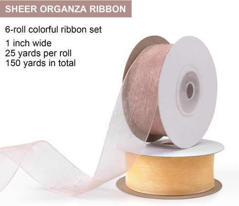 Sheer Ribbon Organza Ribbon 1 Inch x 150Yd 6 Rolls Brown Sheer Chiffon Ribbon Sheer Organza Ribbon Clear Fabric Ribbon for Gift Wrapping Wedding B...