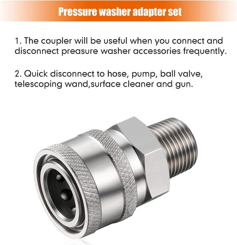 2 Sets NPT 3/8 Inch Stainless Steel Male and Female Quick Connector Kit Pressure Washer Adapters (External Thread)...