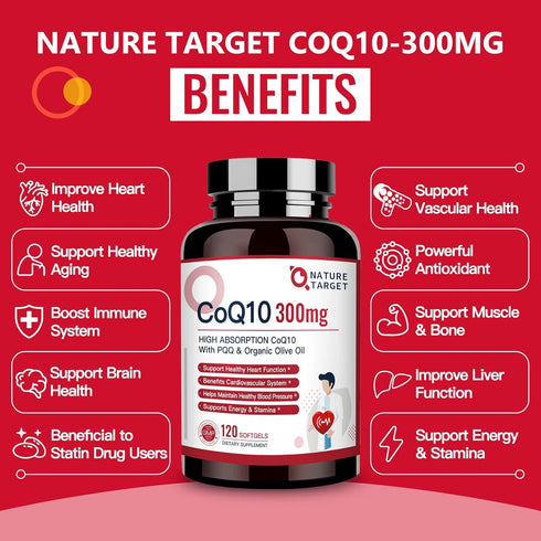 NATURE TARGET CoQ10-300mg-Softgels + PQQ with Organic-Olive-Oil - High Absorption-Coenzyme-Q10 - Antioxidant-for-Heart-Health and Immune Support, ...