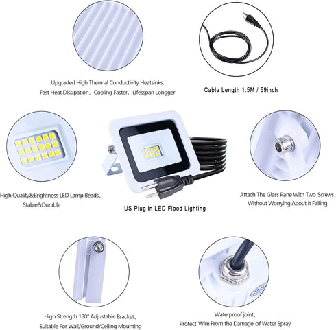 20W IP68 Waterproof Outdoor Ultra-Thin LED Flood Lighting with Plug in Cord for Garden Wall Washer Lamp...