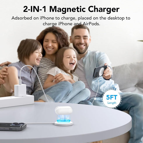 Magnetic Wireless Charger, 15W Mag-Safe Portable for Apple, 5ft, Dual Ports Fast Flat Magnet Charger for iPhone 15 14 13 12 Pro Max Plus & Airpods...