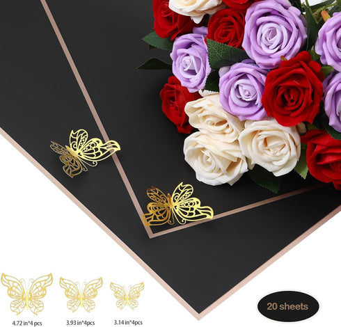Black Flower Wrapping Paper Sheets Valentines Day, Floral Bouquet Wrapping Paper Including 12pcs 3D Butterfly,20sheets Gold Edge Waterproof Floris...