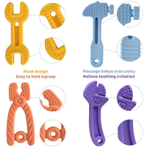 4 Pack Chew Baby Teething Toys for 0-12 Months, Freezable BPA Free Silicone Baby Molar Teether Chew Toys, Hammer Wrench Spanner Pliers Shape Baby ...
