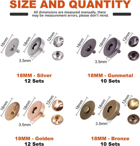 Tanstic 44 Sets 4 Color 18MM Round Magnetic Snap Sets, Strong Magnetic Button Clasps Double-Sided Magnetic Leather Snaps for Clothes, Jackets, Jea...