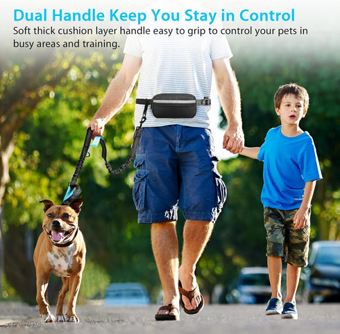 Hands Free Dog Running Leash with Zipper Pouch, Dual Handle, Elastic Bungees Retractable Rope for Medium and Large Dogs, Waist Bag Pack Carry All ...