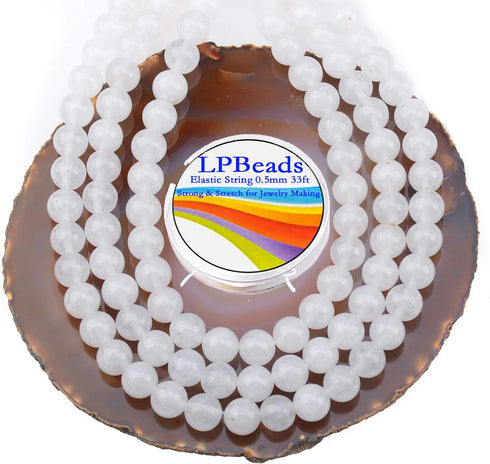 LPBeads 100pcs Polished 8mm Round Natural White Jade Gemstone Loose Beads with Stretch Cord for Jewelry Making Bracelets...