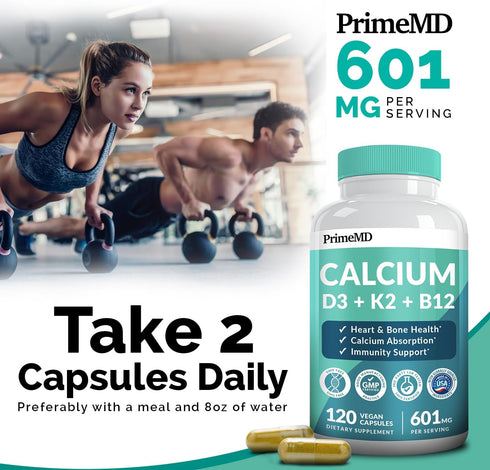 PrimeMD 4-in-1 Calcium Supplements for Women & Men - Calcium 600mg with Vitamin D3 K2 B12 5000 IU Supplement for Heart, Bone & Body Defenses - Glu...