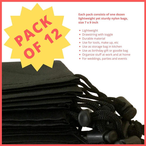 Drawstring Bag - Nylon Cinch and Ditty Stuff Pouch with Toggle (7 x 9-12 pack, Black)...
