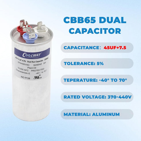 COOLWAY 45/7.5 uF 45+7.5 MFD 370V or 440V Dual Run Start ac Capacitor for ac 45 7.5 CBB65r CBB65b Capacitor 370 440 vac Air Conditioner Capacitor ...