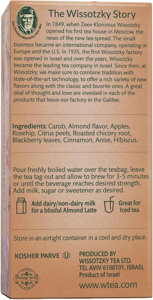 Wissotzky Almond Charm Tea Bags (4 Pack - 20 bags each) Caffeine Free, Infused With Premium Fruit & Herbal Tea Leaves “AKA Chemdat Hashaked”...