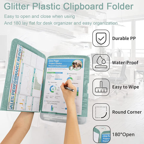 Glitter Clipboard with Storage,Storage Clipboard with Pen Holder,A4 Binder Clip Boards 8.5x11 with Low Profile Clip,Side Opening Sparkle Clipboard...