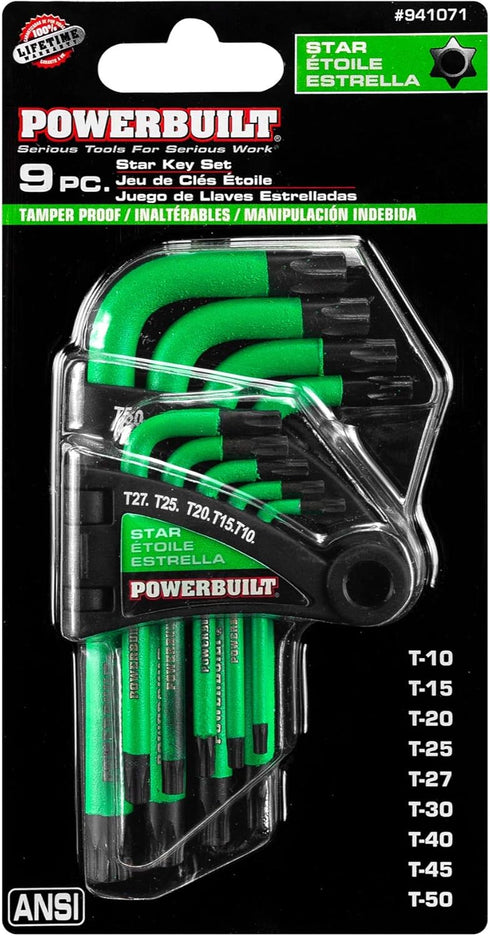Powerbuilt L-Type Tamper Proof 9 Piece Wrench Set, Short Arm Torx Star Key, Non-Slip Handle, Hex Ball End, Holder - Green 941071...