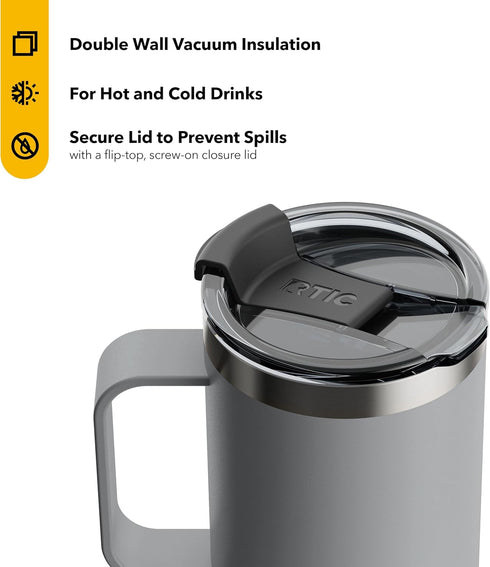 RTIC Travel Mug with Handle, 16 oz, Graphite, Portable Thermal Camping Cup, Vacuum-Insulated with Lid, Stainless Steel, Sweat Proof, Keeps Hot & C...