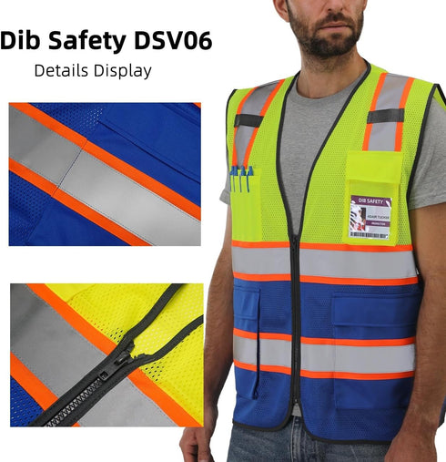 Reflective Mesh Vest High Visibility Two Tone with Pockets and Zipper, Yellow and Blue Mesh with Orange Trim M...