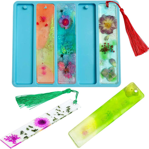 Szecl Bookmark Mold with Tassels, Rectangle Bookmark Silicone Mold for Epoxy Resin Casting 3.90 inch Resin Bookmark Mold Kit with 10 Pcs Colorful ...