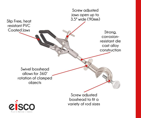 EISCO 3-Finger Lab Clamp with Bosshead Clamp Holder for Lab Stand Rod - PVC Coated Prongs for Holding Objects up to 3.5" Diameter - Beaker Holder,...