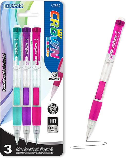 BAZIC Mechanical Pencil 0.5mm Crown, Soft Grip Latex Free Eraser, Smooth Writing Pencils Lead for Drafting Drawing Sketching (3/Pack), 1-Pack...