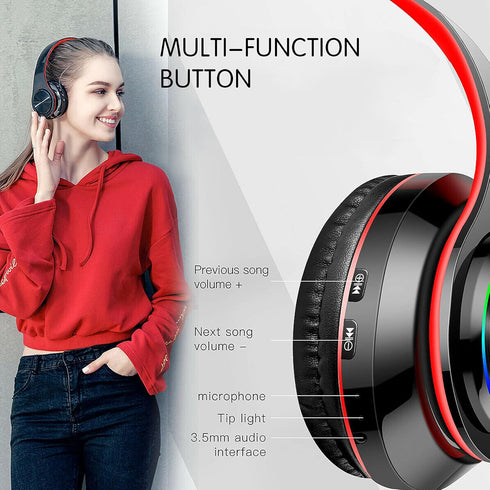 Bluetooth Over Ear Headphones, Foldable LED Stereo Headphones with Built-in Microphone, Noise-Cancelling Wireless Headset for PC/Smart Phone/TV (B...