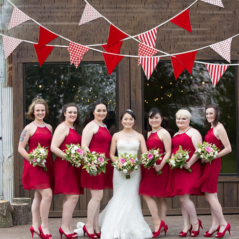32Ft Red White Plaid Stripe Dot Fabric Bunting Banner Triangle Flags Cotton Garland Pennant for Birthday Wedding Engagement Carnival Party Classro...
