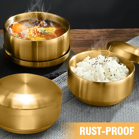 Stainless Steel Rice Bowl with Lid, Set of 2, for Korean Kitchen Restaurant, Double-walled Metal Bowls, Multi-Purpose Insulated Soup Bowls Snacks ...