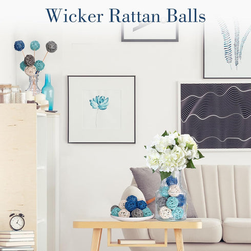 DomeStar 24PCS Blue Decorative Balls for Bowl Centerpiece, 2 Inch Rattan Balls Bowl Fillers Decor - Wicker Twig Orbs Spheres, Wedding Home Vase Ta...