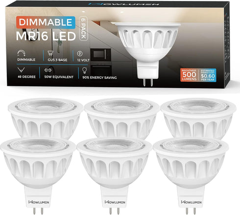 MR16 LED Bulb Dimmable 6 Pack,50W Halogen Replacement, 2700K Warm White GU5.3 Bi-Pin Base,40-Degree Narrow Beam Angle,5W 12V AC DC Indoor Outdoor ...