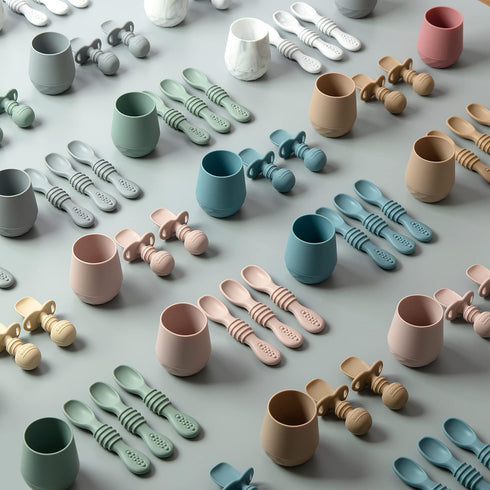 Silicone Baby Utensils - Self Feeding Spoons and Tiny Training Cup - First Stage Baby Led Weaning Supplies for 6 Months+ Infants - Set of 4...